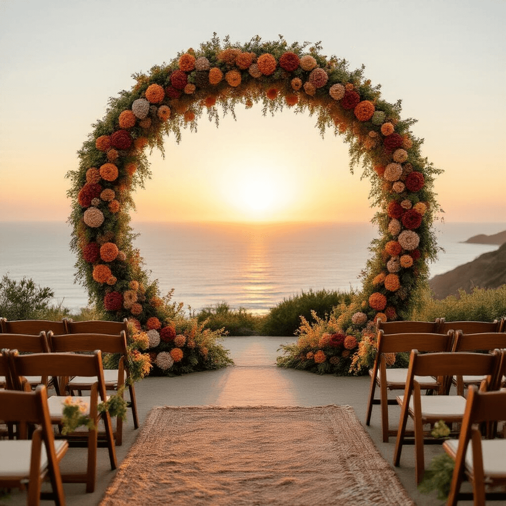 A wide-angle shot of a boho-chic wedding ceremony space featuring a large circular arch covered in an ombre crochet flower garland in earth tones, framing an ocean view at sunset. In the foreground, wooden folding chairs decorated with small crochet flower bouquets await guests.