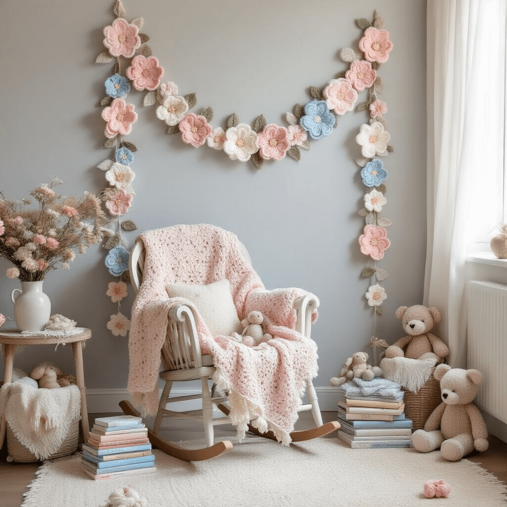 A cozy living room corner decorated for a baby shower, featuring a crochet flower garland backdrop in soft pastel colors, a vintage rocking chair with a handmade blanket, stacks of children's books, and stuffed animals, all illuminated by gentle morning light.