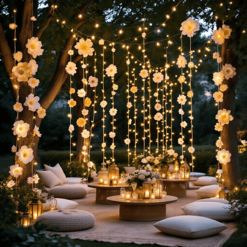 An elegant outdoor evening soirée with ivory and gold crochet flower garlands strung between trees, twinkling fairy lights casting a warm glow, low tables with plush floor cushions, adorned with brass lanterns, crystal decanters, and lush greenery, captured just after sunset.