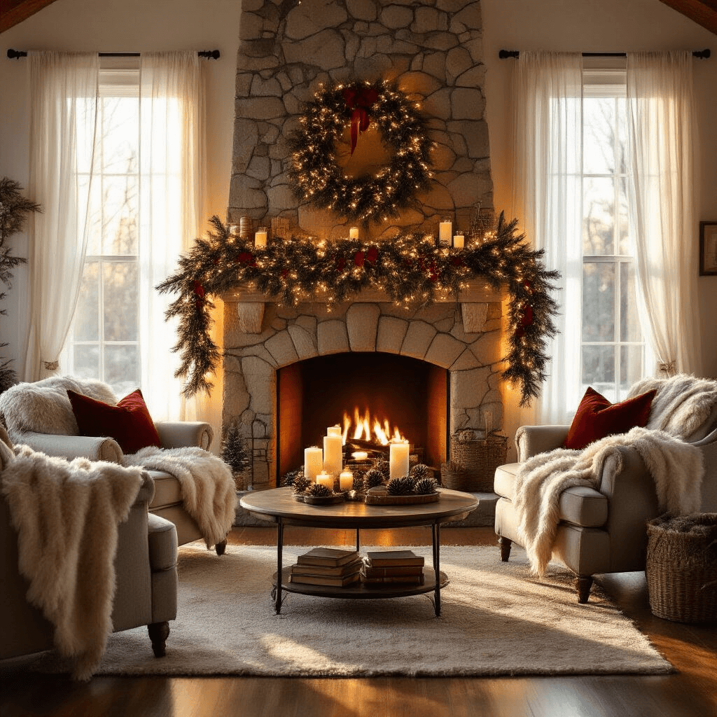 A cozy living room bathed in golden hour light, featuring a grand stone fireplace decorated with a lush evergreen garland, twinkling fairy lights, pinecones, and red velvet ribbon. Plush armchairs with fuzzy throw blankets flank the fireplace, while a round coffee table displays candles and vintage books, all set against warm hardwood floors that reflect the serene atmosphere.