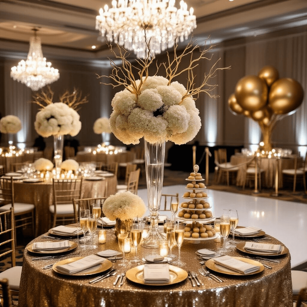 An elegant ballroom decorated for New Year's Eve, featuring shimmering gold sequin tablecloths, crystal chandeliers, tall centerpieces of white hydrangeas and gold-painted branches, gold-rimmed place settings, a dessert cart with macarons and truffles, and a gleaming dance floor.