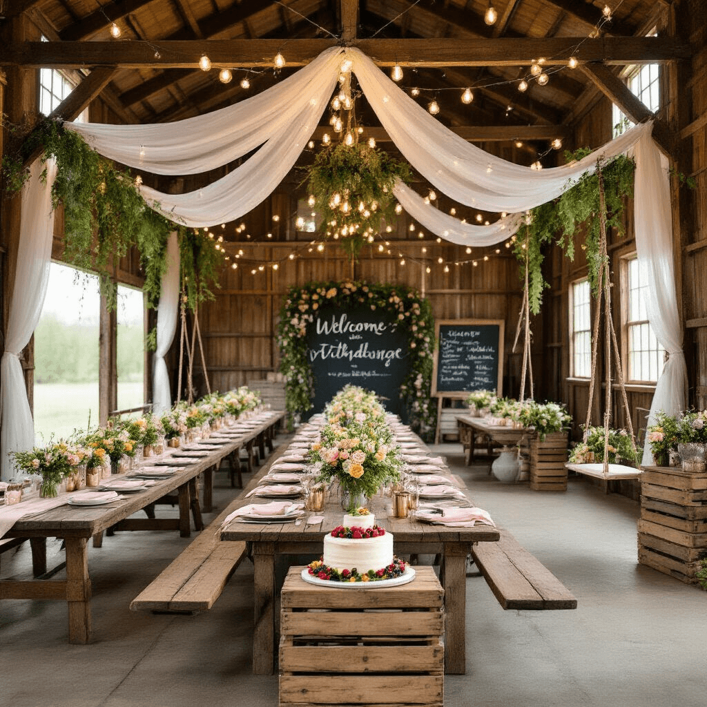 A beautifully styled rustic barn interior for a whimsical spring wedding, featuring draped white fabric, cascading greenery, long farm tables with mismatched vintage china, wildflower centerpieces, and Edison bulb string lights, with a flower-adorned swing and a dessert display topped with a naked cake.