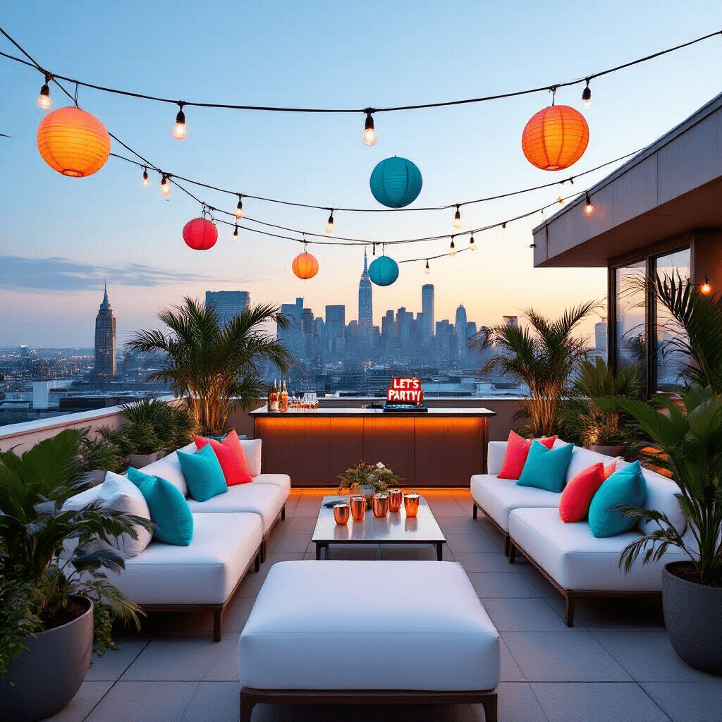 A modern rooftop terrace at twilight, featuring low white lounge furniture with turquoise and coral pillows, surrounded by potted palms and tropical plants. A sleek outdoor bar displays copper moscow mule mugs, string lights and ombré paper lanterns illuminate the space, with the city skyline twinkling in the background. A DJ booth near a small dance floor showcases a neon sign that reads 'Let's Party!'.