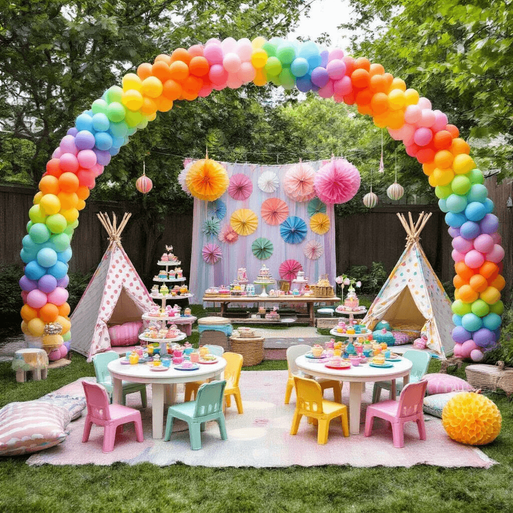 A vibrant children's birthday party setup in a backyard, featuring a rainbow balloon arch, pastel teepee tents, tea party tables with polka dot decor, a colorful DIY photo booth, a cupcake display, lawn games like giant Jenga, and a piñata hanging from a tree.