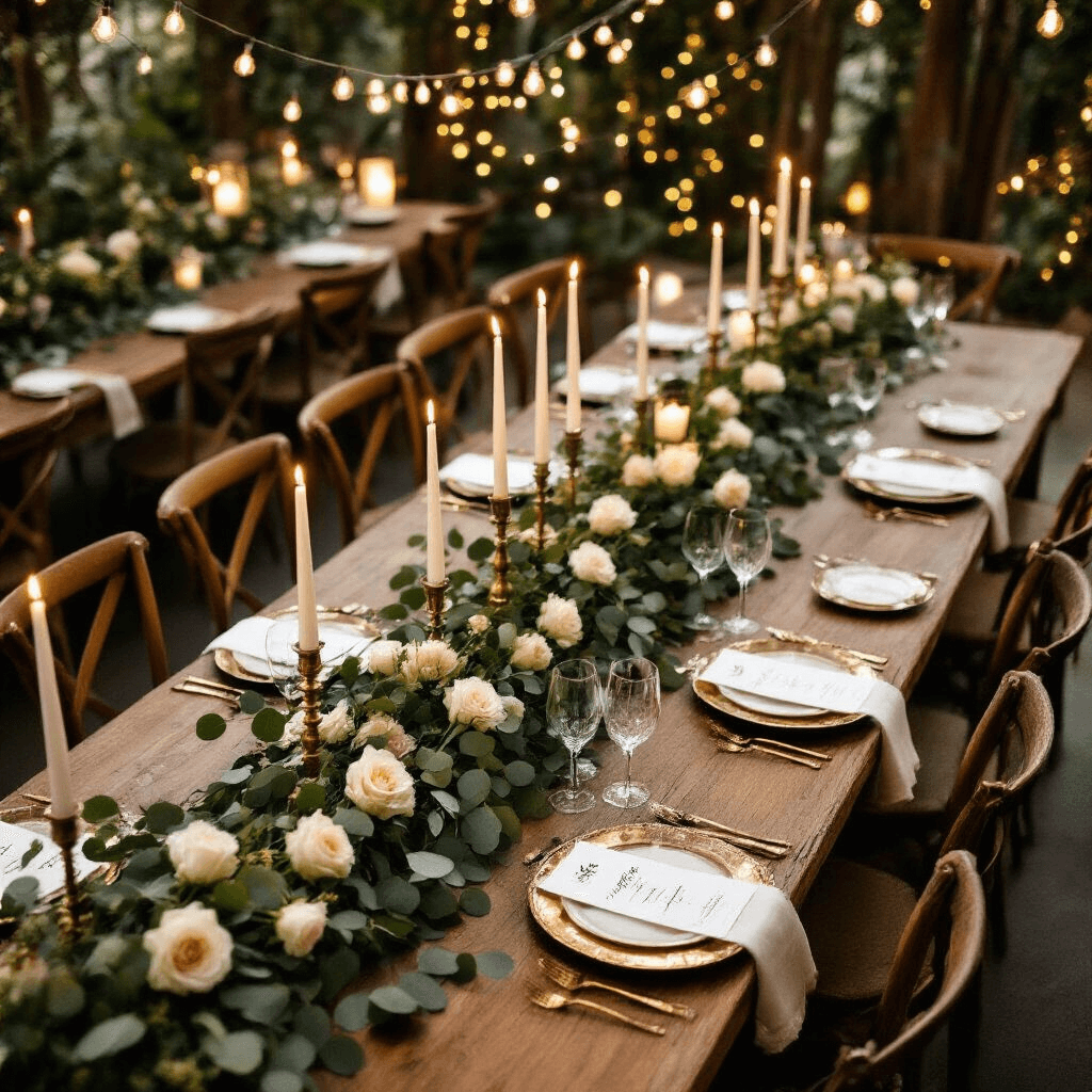 An overhead view of an intimate indoor reception space featuring U-shaped wooden farm tables adorned with eucalyptus and olive branch garlands and cream garden roses. Vintage brass candlesticks with flickering white taper candles and elegant place settings with gold-rimmed chargers and hand-calligraphed cards. Crystal wine glasses reflect light beneath string lights that create a cozy, enchanted atmosphere.