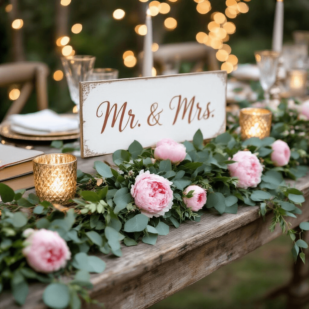 A romantic sweetheart table adorned with a lush eucalyptus and peony garland, featuring glowing mercury glass votives, elegant gold-rimmed china, champagne flutes, and a hand-lettered 'Mr. & Mrs.' sign, all set against a backdrop of twinkling fairy lights.