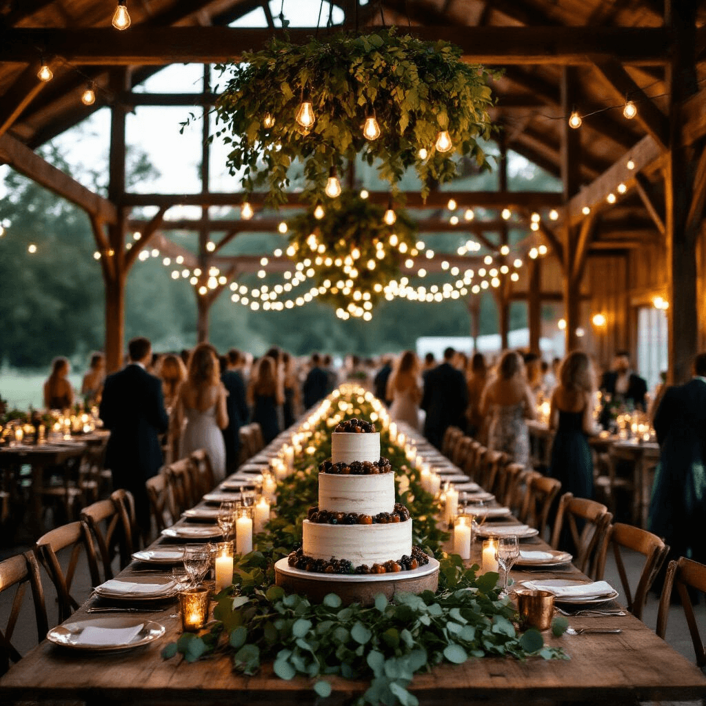 A wide shot of a rustic barn reception at twilight, featuring wooden beams with Edison bulbs, long tables adorned with greenery garlands and mismatched vintage china, a dessert table with a naked cake and fresh figs, and guests in cocktail attire mingling and dancing in a lively atmosphere.
