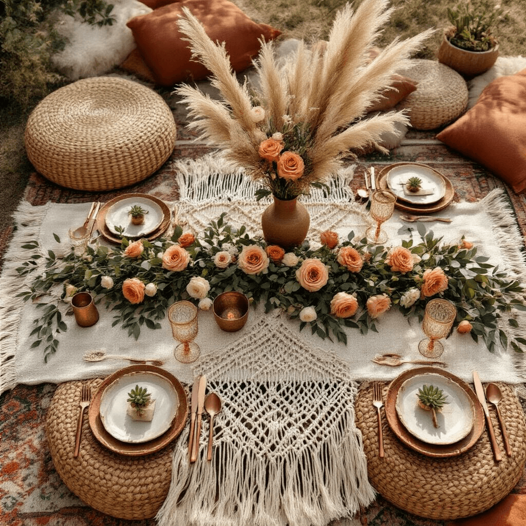 A bohemian picnic-style wedding flat lay featuring a macramé table runner adorned with olive branches, pampas grass, and terracotta roses, surrounded by rattan poufs and earth-toned floor cushions. Handmade ceramic plates, copper cutlery, and linen napkins tied with leather cords form the place settings, complemented by cut crystal glasses, vintage brass candleholders, and small succulents, all bathed in soft natural light.