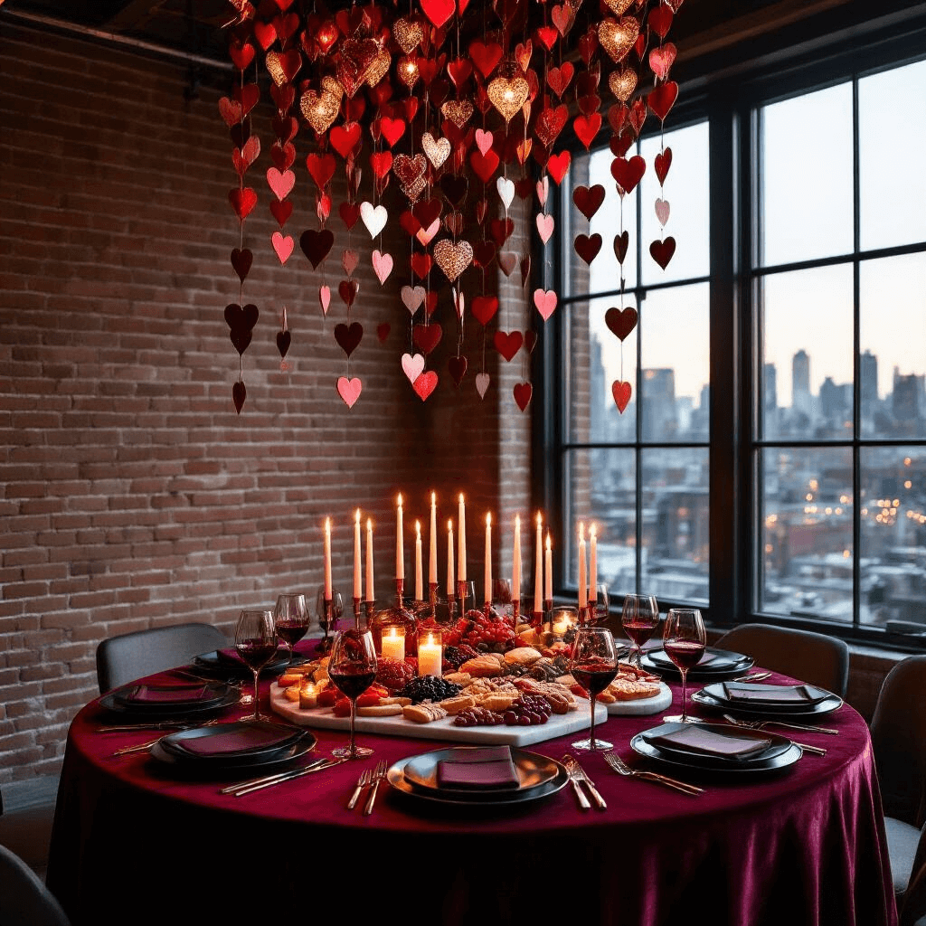 Intimate Valentine's Day dinner in a cozy loft, featuring exposed brick walls with metallic heart garlands, a burgundy velvet table with a charcuterie spread, ruby red wine glasses, matte black plates, and a romantic chandelier, all set against a twinkling cityscape.