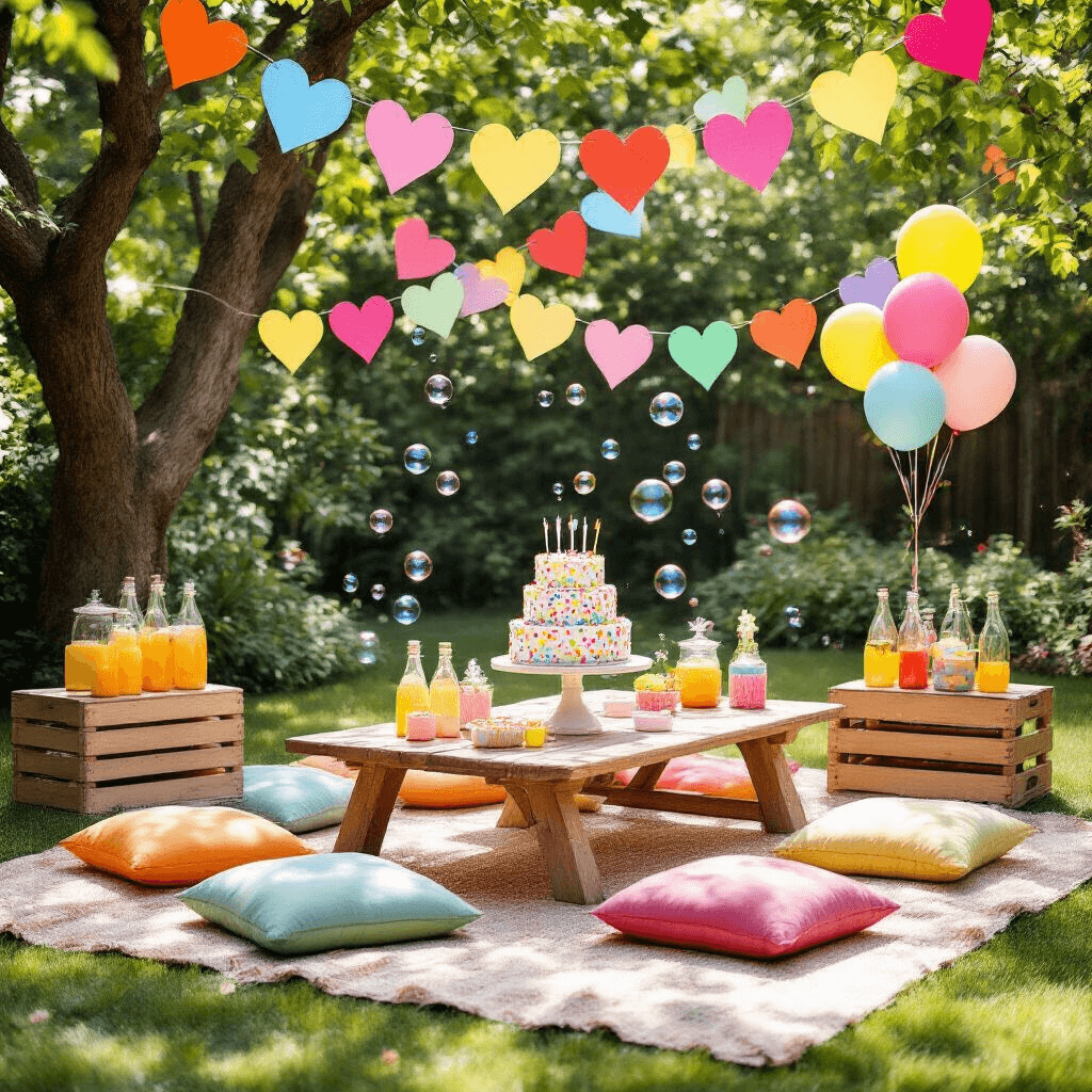 A vibrant children's birthday celebration in a sunny backyard, featuring low tables with colorful floor cushions, fluttering tissue paper heart garlands, a rainbow sprinkle cake, bobbing balloons, and a bubble machine, with vintage glass bottles of lemonade on wooden crates.