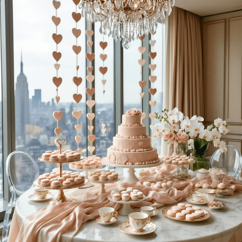 A luxurious bridal shower setup in an upscale hotel suite featuring floor-to-ceiling windows with a city view, a champagne-colored silk dessert table with pastel macarons and cupcakes, velvet heart garlands hanging from a crystal chandelier, ghost chairs around a marble table with gold-rimmed teacups, and tall glass vases with fresh orchids.
