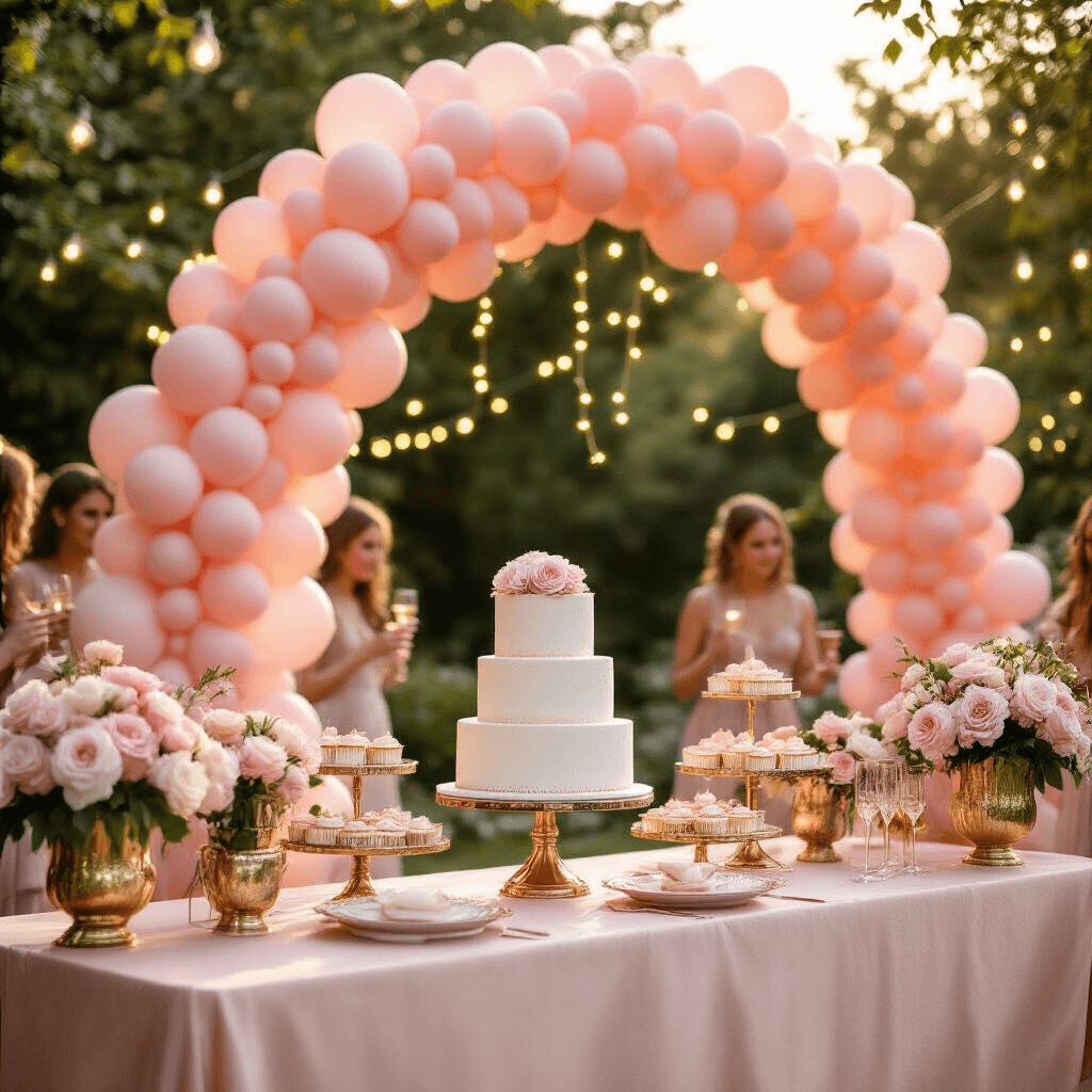 A sunlit outdoor garden party at golden hour featuring a grand pink ombré balloon garland above a blush silk dessert table, adorned with a tiered white cake, rose gold cupcake stands, and gold vases of soft pink roses and peonies, with twinkling fairy lights; guests mingle in the foreground holding champagne flutes amidst lush greenery.