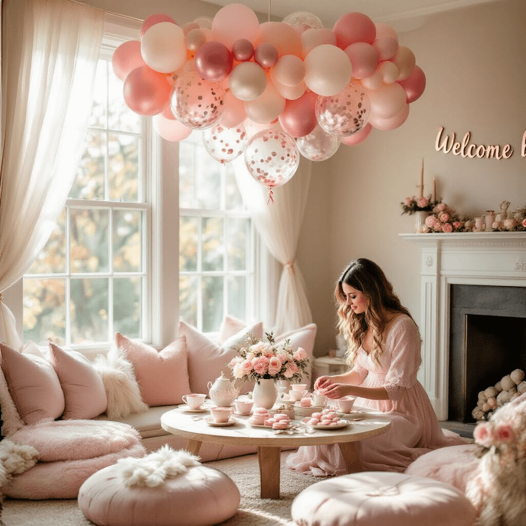 A cozy indoor baby shower scene with soft morning light, featuring a circular pink balloon installation, a low table set for a tea party with vintage teacups and pink macarons, and a 'Welcome Baby' banner in rose gold on the mantel, while the hostess arranges final touches.