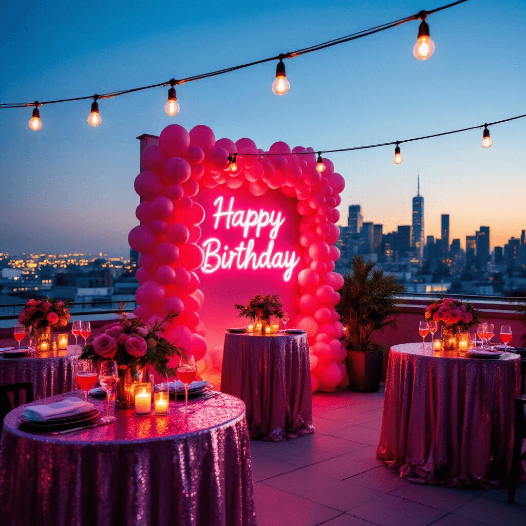 A chic rooftop terrace birthday celebration at twilight, featuring a stunning pink balloon backdrop with a neon 'Happy Birthday' sign, string lights, and candles. Cocktail tables with sequined linens and modern geometric centerpieces are set against a twinkling city skyline, as guests enjoy signature pink cocktails.