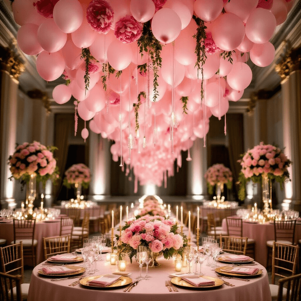 An elegant wedding reception in a grand ballroom featuring a stunning suspended installation of pink balloons, long tables with blush linens and tall floral centerpieces, accented by gold charger plates and candlelight, captured from a slightly elevated wide-angle perspective.