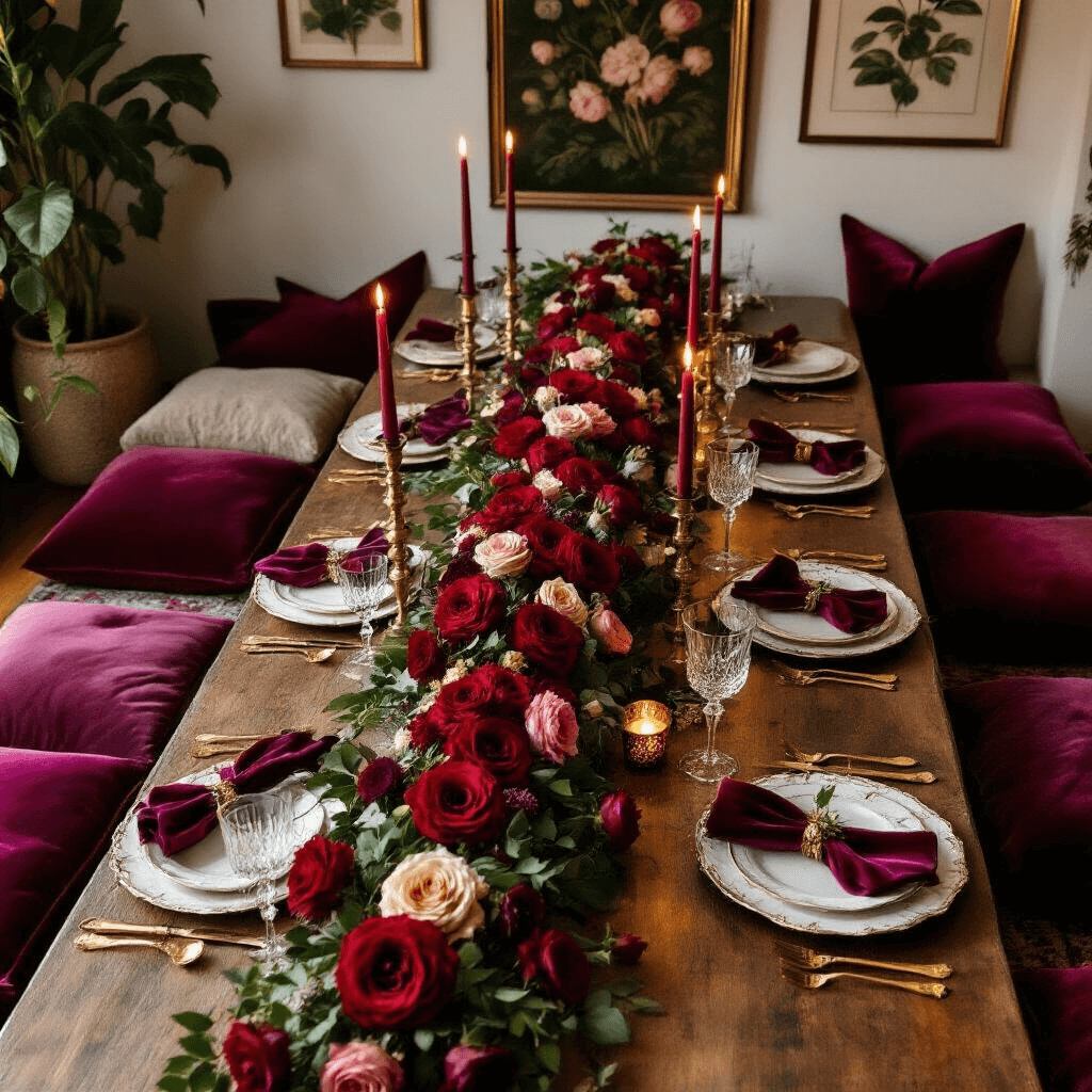 An overhead view of an intimate dinner party in a cozy living room, featuring a long table adorned with a rose garland, vintage brass candlesticks, crystal glassware, and elegant velvet napkins; surrounded by plush floor cushions in rich jewel tones, with botanical prints on the walls.