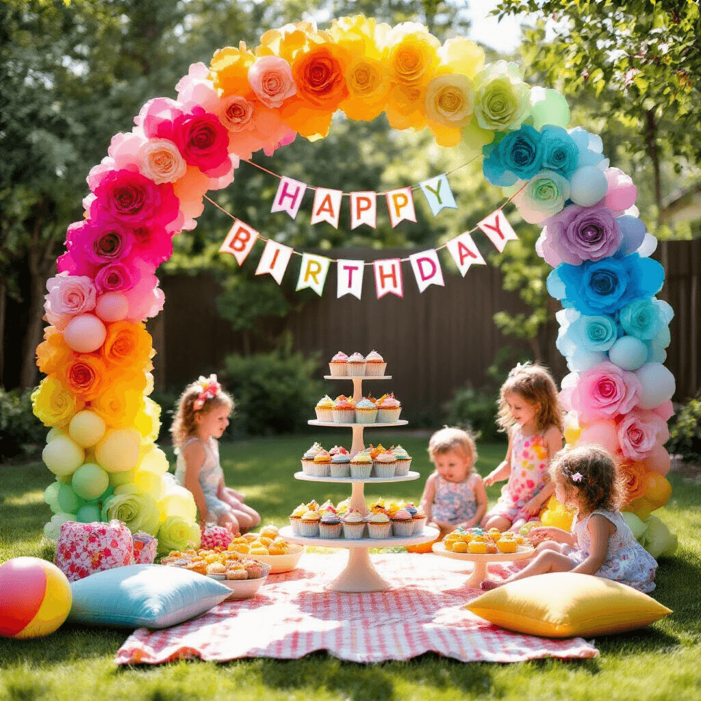 A whimsical children's birthday party in a sunny backyard with an ombré rose garland arch over a dessert table, featuring assorted cupcakes and primary-colored balloons, while kids play on the grass surrounded by oversized lawn games and picnic blankets.