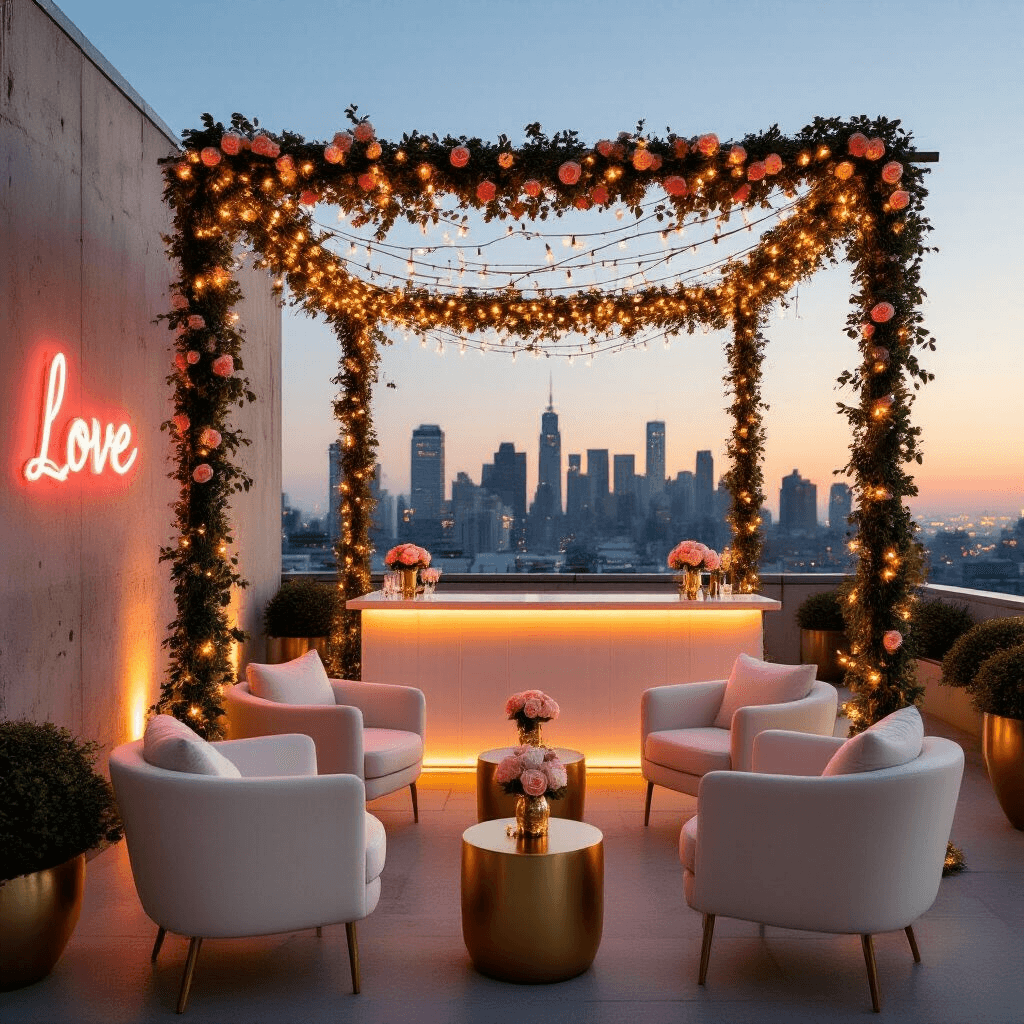 A luxe rooftop engagement party at twilight featuring a rose garland with fairy lights over a sleek white bar, cream and gold lounge furniture, ghost chairs around high cocktail tables with miniature rose arrangements, and a twinkling city skyline. A neon 'Love' sign adds a contemporary element to the romantic atmosphere.