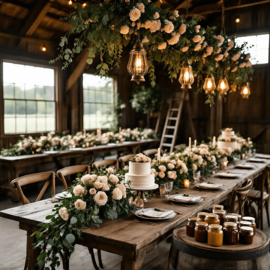 A rustic barn wedding reception featuring long wooden tables with cream and blush rose garlands, brass lanterns with flickering candles, and exposed beams decorated with rose garlands and Edison lights, creating an intimate atmosphere. A dessert cart with a naked cake and jars of homemade preserves adds to the enchanting setting.