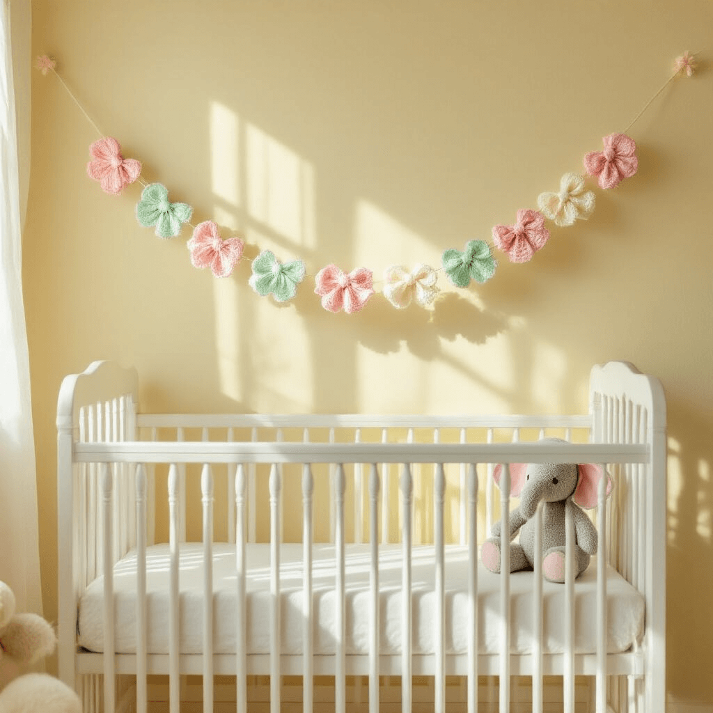 A sunlit nursery featuring a white wooden crib adorned with a crochet bow garland in pastel pink and mint, soft shadows on a pale yellow wall, sheer curtains, and a plush elephant toy, creating a serene, fairytale atmosphere.