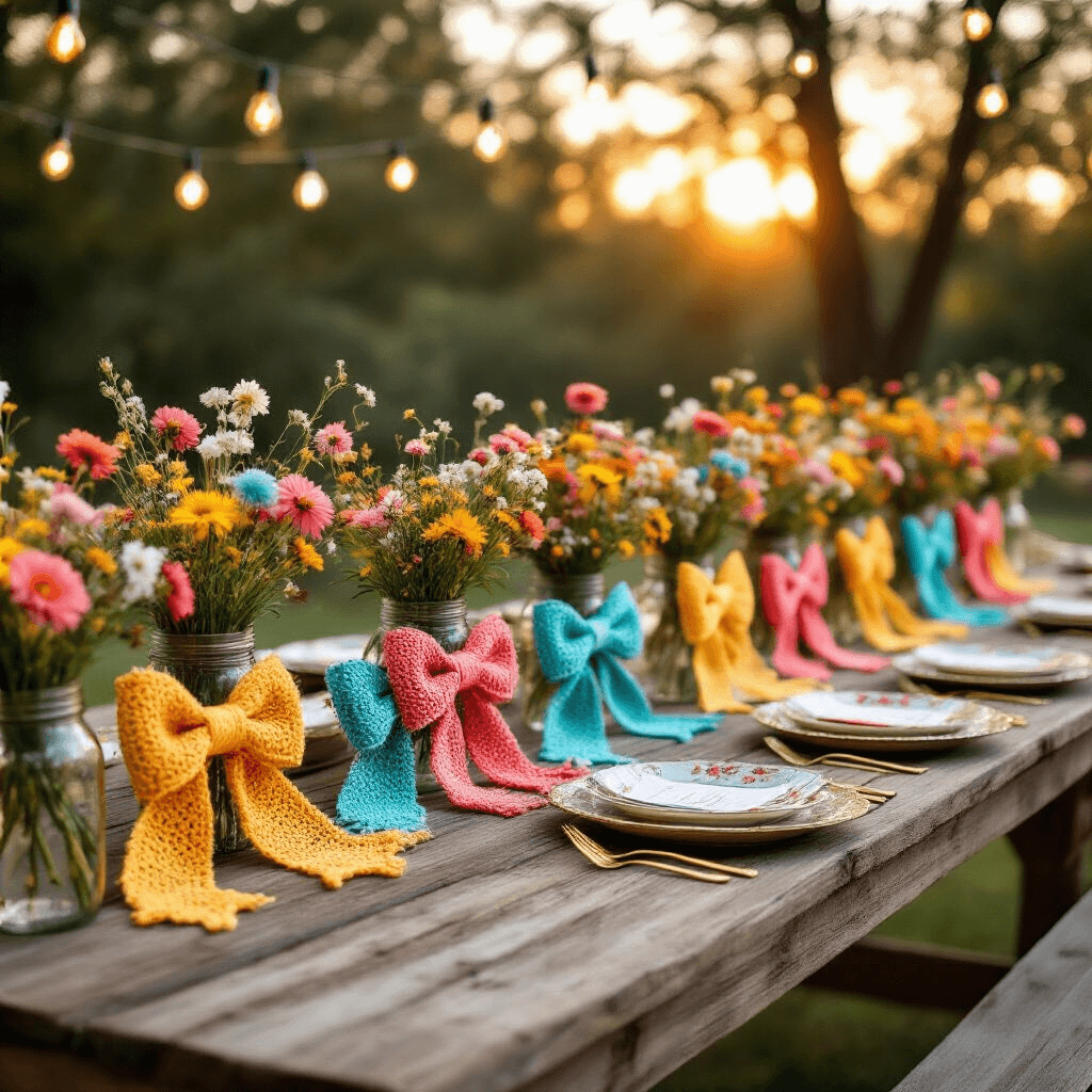 An outdoor birthday party setup with a rustic wooden table decorated with a colorful crochet bow garland, mason jars of wildflowers, vintage china plates, and gold cutlery, all illuminated by string lights at golden hour.