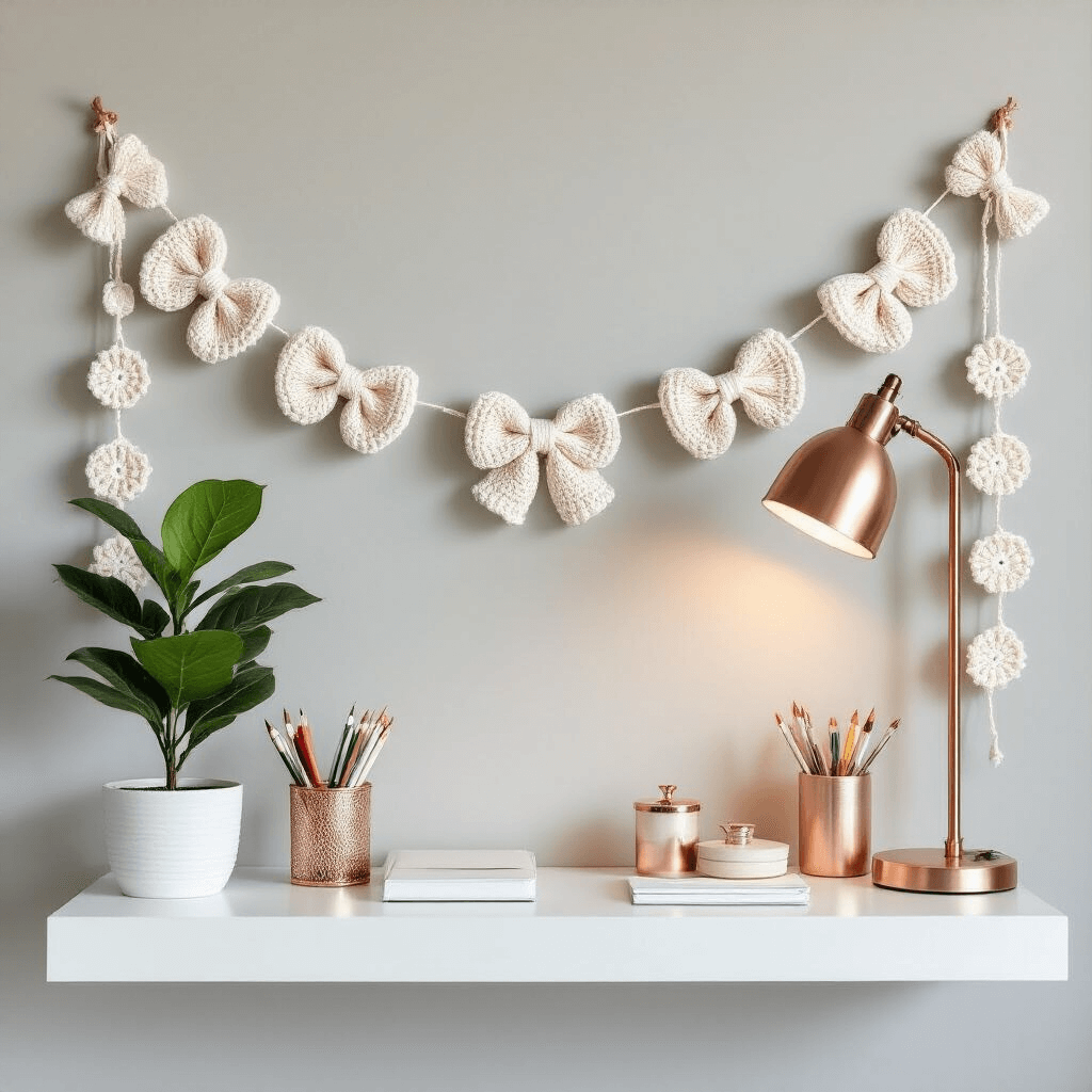 Chic home office with a minimalist crochet bow garland on a white floating shelf, light grey wall, copper desk lamp, rose gold office supplies, and a potted fiddle leaf fig.