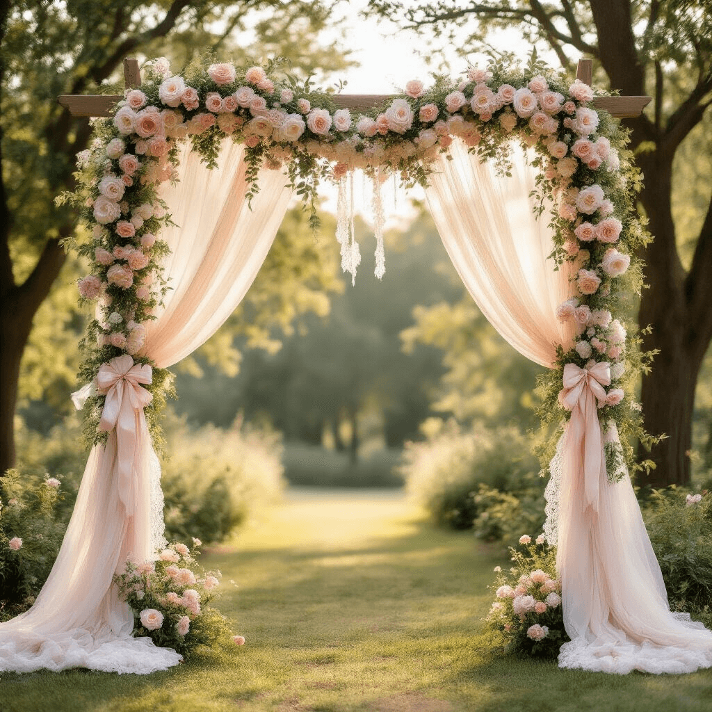 Whimsical outdoor wedding ceremony arch decorated with cream and blush pink crochet bows, cascading greenery, soft pink garden roses, and sheer drapery, illuminated by golden hour sunlight amid lush trees.
