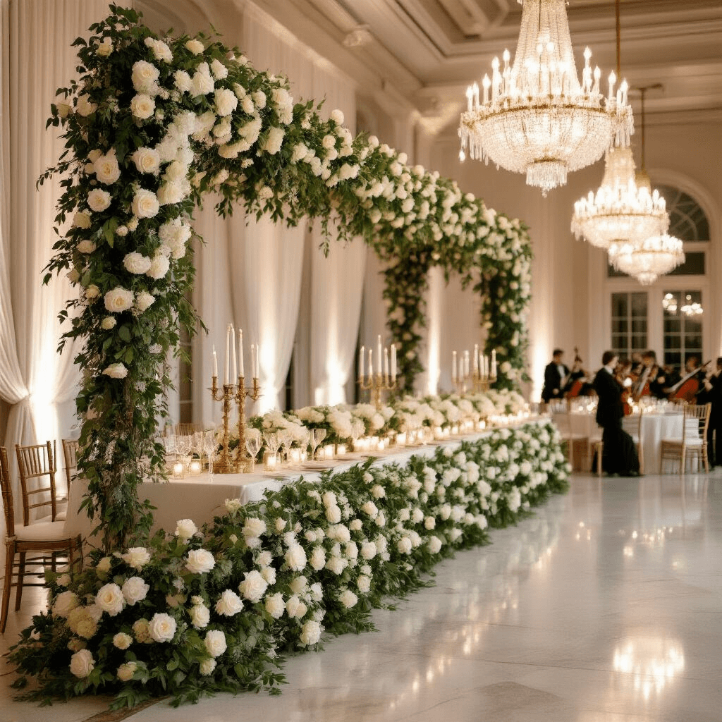 A grand ballroom featuring a Classic Elegance Garland with white roses and greenery along a 20-foot head table, crystal chandeliers overhead, round guest tables with miniature garlands, vintage gold candelabras, and sheer ivory drapery, all bathed in soft evening light.