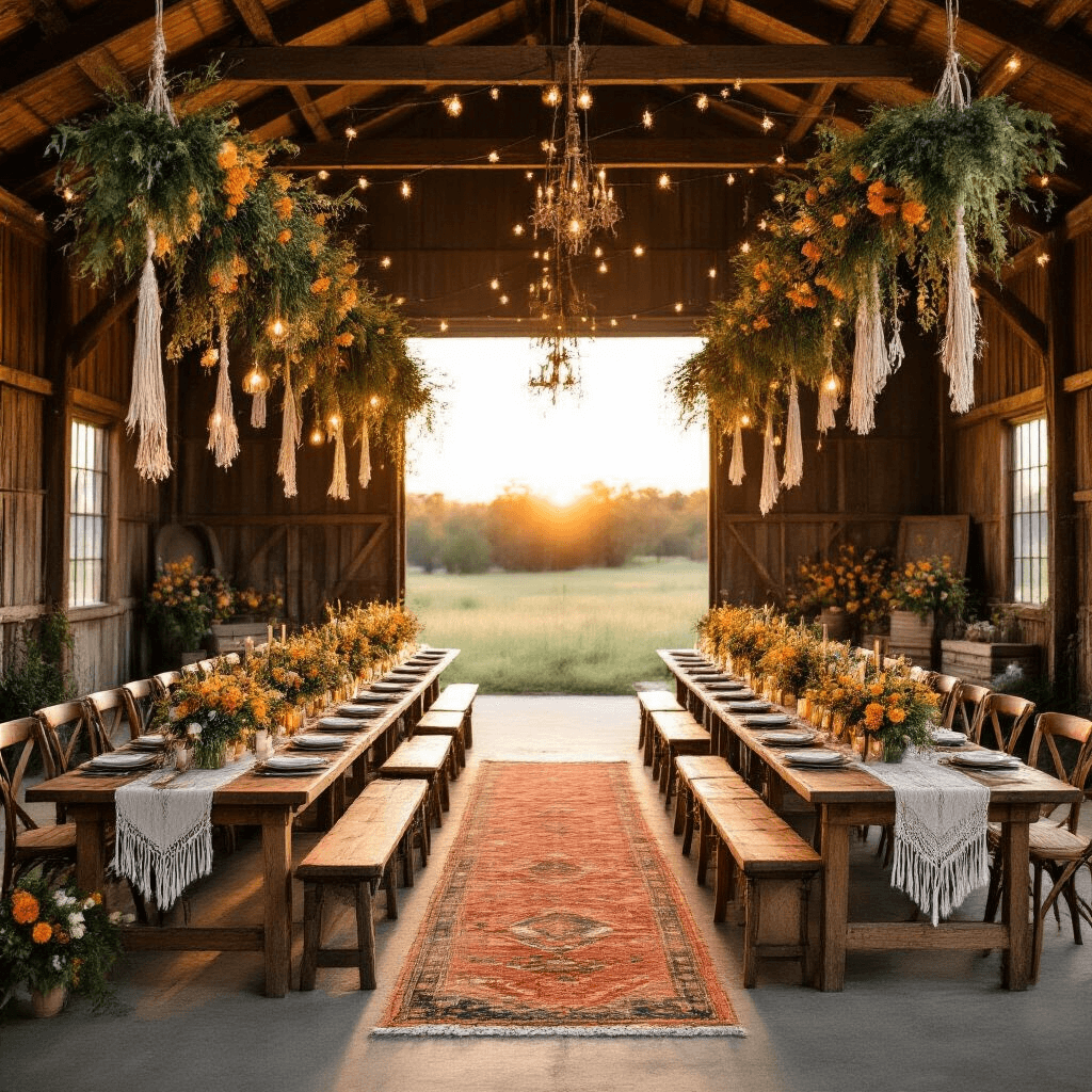 Aerial view of a rustic barn wedding decorated with a boho chic garland at golden hour, featuring long farmhouse tables adorned with a continuous wildflower garland in earthy tones, macramé table runners, hanging plants, mason jars with blooms, taper candles, wooden signage, vintage rugs, and fairy lights illuminating the space as the sun sets.