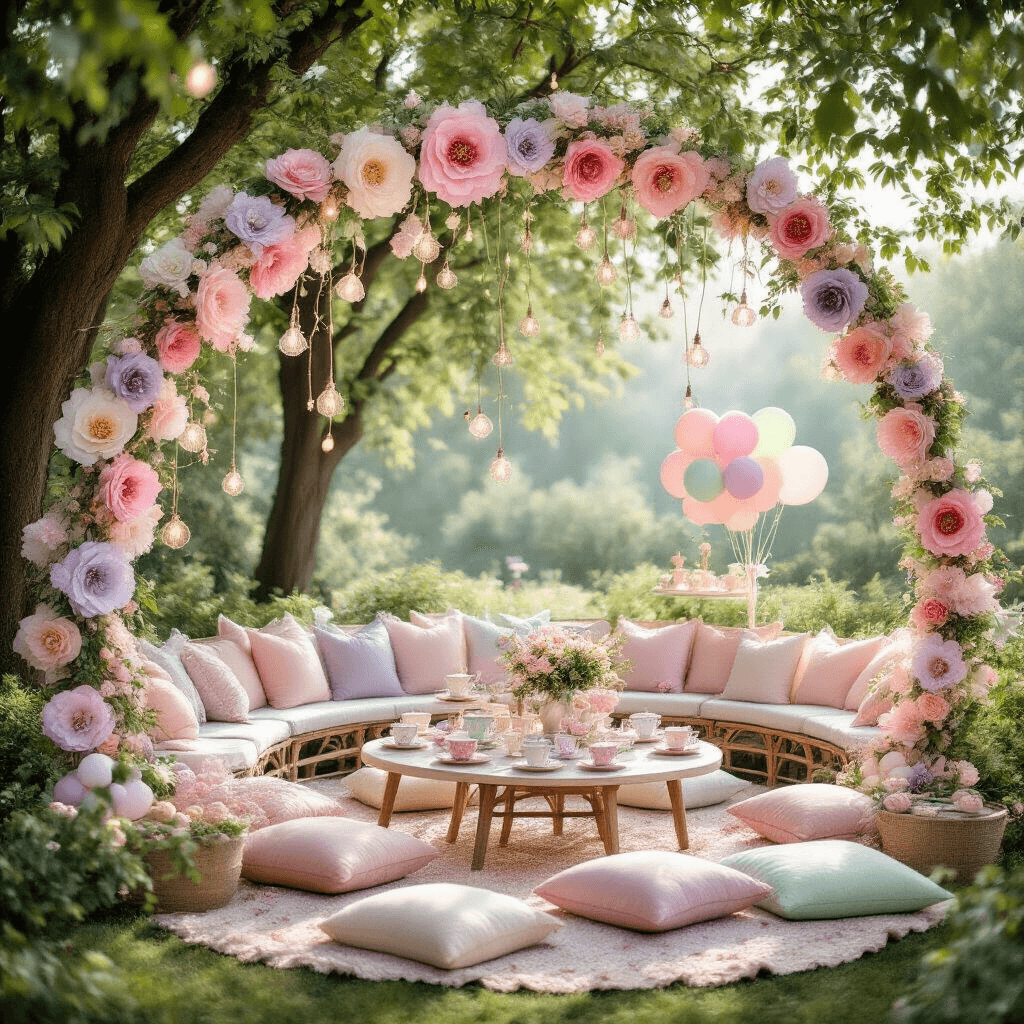 A whimsical garden party scene featuring a circular seating arrangement under tree canopies, adorned with a pastel-colored garland of oversized paper flowers and twinkling fairy lights, surrounded by mismatched vintage teacups, plush cushions, playful balloon bouquets, and a nostalgic cotton candy cart, all bathed in soft morning light.