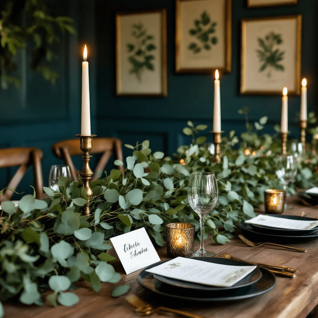 A cozy dining nook featuring a farmhouse table adorned with a lush eucalyptus and olive branch garland, warm candlelight from brass candlesticks, hand-calligraphed place cards on matte black plates, and deep blue-green walls with vintage botanical prints.