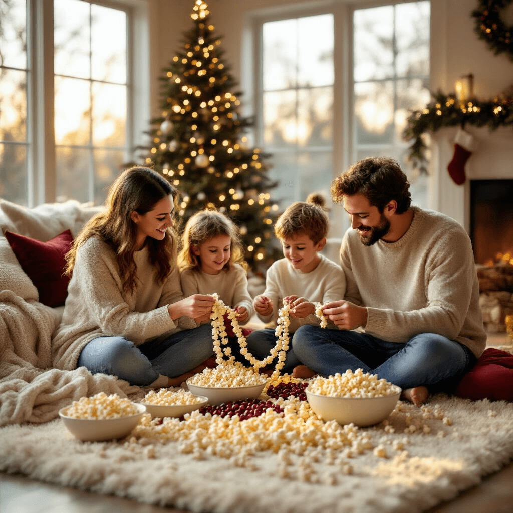 A family of four joyfully threading a popcorn garland on a cream rug, surrounded by bowls of popcorn and cranberries, with a twinkling Christmas tree in the background and warm golden hour light streaming through large windows.