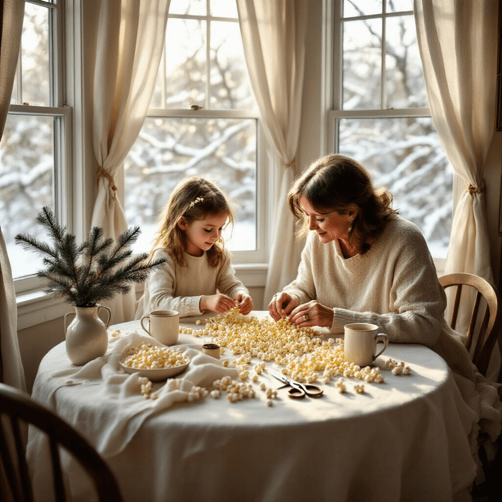 An intimate dining nook bathed in early morning light, featuring a round wooden table draped in a white linen cloth and scattered with popcorn, gold thread spools, and vintage scissors. A grandmother helps her granddaughter thread popcorn, while steaming mugs of hot cocoa sit nearby and a vase of pine branches adds a festive touch. The scene is framed by a bay window with snowy branches outside.