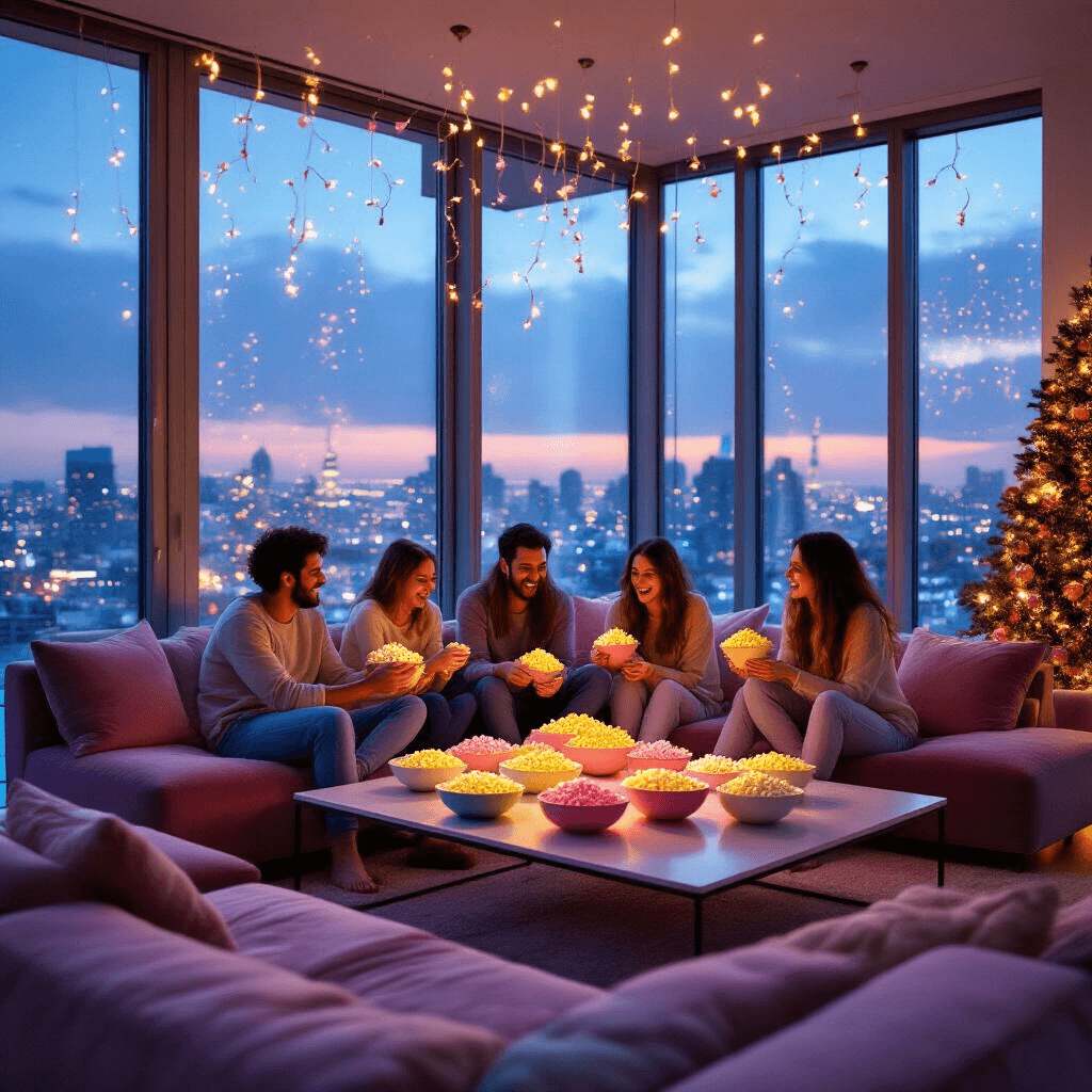 A cozy modern apartment at twilight with city lights visible through large windows. Friends relax on velvet couches, laughing as they make colorful popcorn garlands. Pastel-dyed popcorn adorns a sleek coffee table, and fairy lights create a warm atmosphere around a minimalist Christmas tree decorated with their creations.