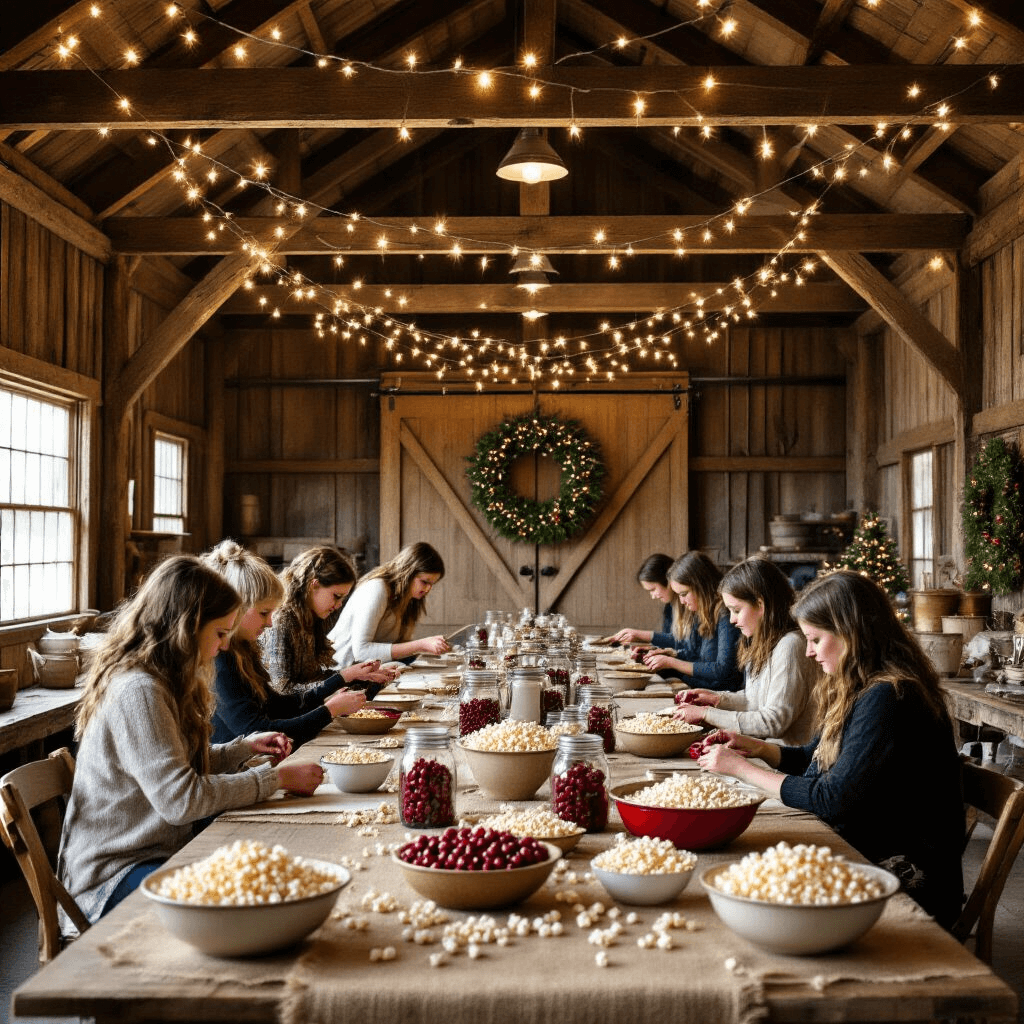 A cozy holiday craft workshop in a rustic barn, featuring exposed wooden beams with twinkling lights, long farmhouse tables adorned with burlap runners, mason jars filled with cranberries, and bowls of popcorn. Participants of various ages create garlands, some incorporating cinnamon sticks, while a large wreath decorates the barn door and the aroma of mulled cider fills the air.