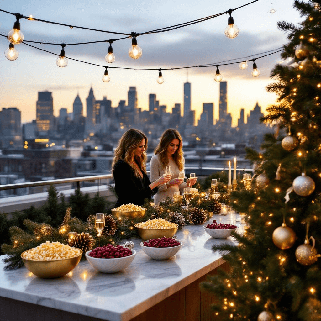 An elegant rooftop terrace at dusk, featuring a glittering skyline, crisscrossing globe lights, a marble-topped bar with festive snacks, and stylishly dressed guests creating luxe garlands, all centered around a beautifully adorned Christmas tree.