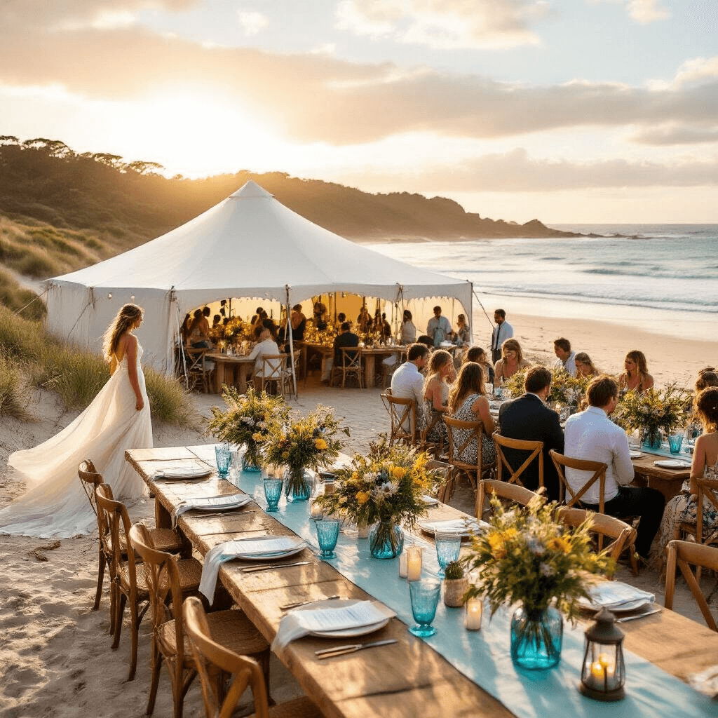 A scenic beachfront wedding in Tasmania during golden hour, featuring a white marquee amidst sand dunes, rustic wooden tables with native wildflower centerpieces, twinkling fairy lights, and a bride in a flowing silk gown with the ocean in the background.