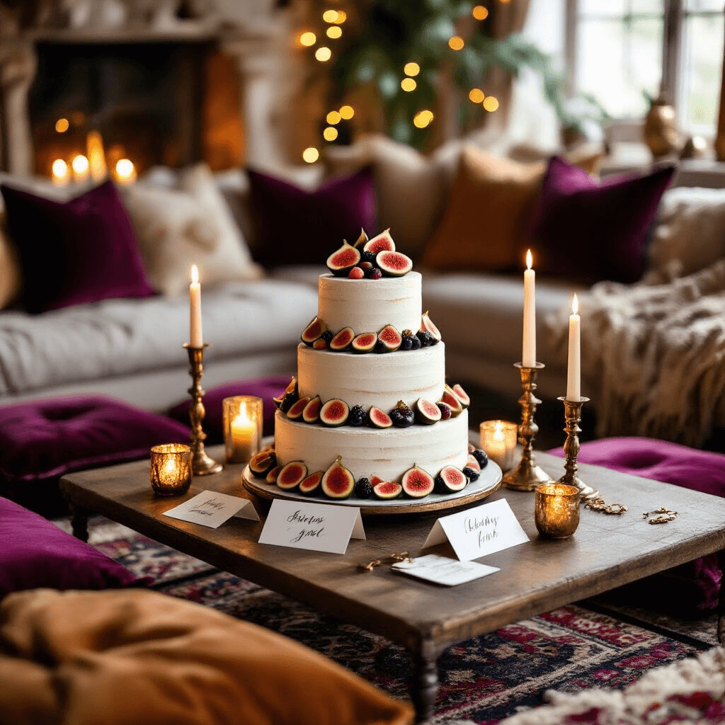 Intimate birthday celebration in a cozy living room with a tiered naked cake, plush cushions, antique brass candlesticks, and twinkling fairy lights, evoking a warm hygge atmosphere.