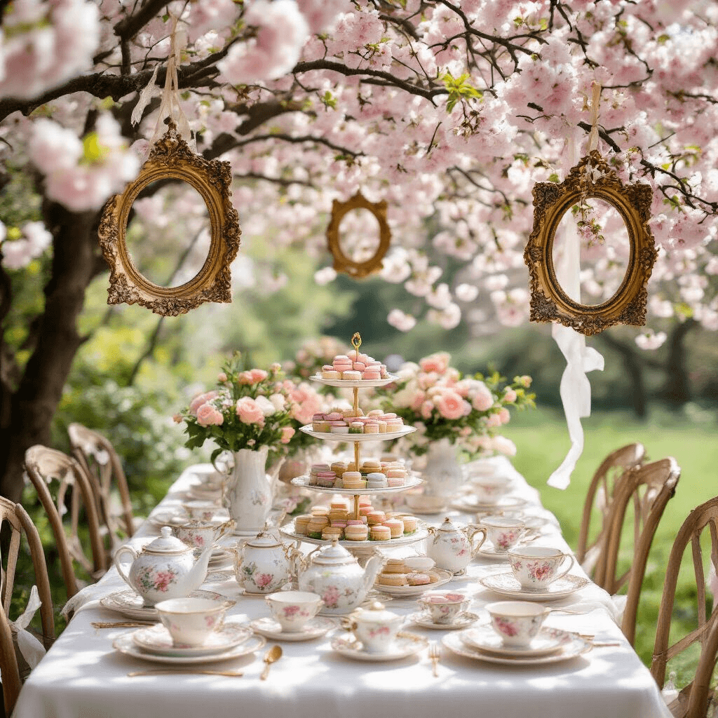 An overhead view of a whimsical garden tea party beneath cherry blossoms, featuring mismatched vintage china on a long white linen table, pastel floral arrangements from antique teapots, a tiered cake stand with petit fours and macarons, and ornate golden frames hanging from tree branches, with soft tulle ribbons and paper lanterns swaying in the breeze.