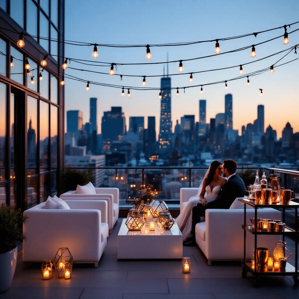 A romantic rooftop engagement party at twilight featuring string lights overhead, sleek white lounge furniture, lucite ghost chairs, and cocktail tables with geometric terrariums. A stylish bar cart displays copper Moscow mule mugs, and the city skyline glows in the background. The couple is silhouetted by the edge, surrounded by warm candlelight reflections from floor-to-ceiling windows.