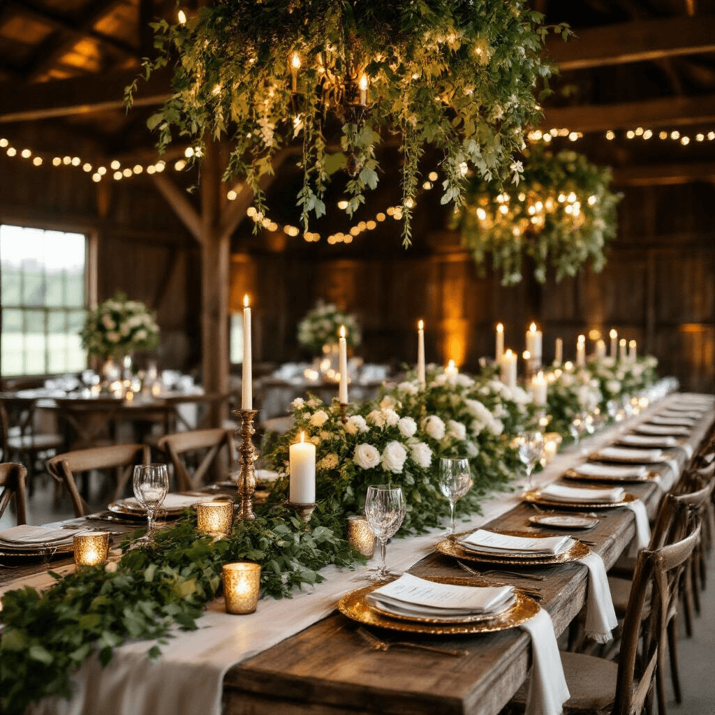 Rustic-luxe barn wedding reception with an elaborate tablescape featuring fresh greenery and white blooms on a weathered wooden farm table, gold-rimmed chargers, wax-sealed menus, and glowing candles, all under a grand floral chandelier.