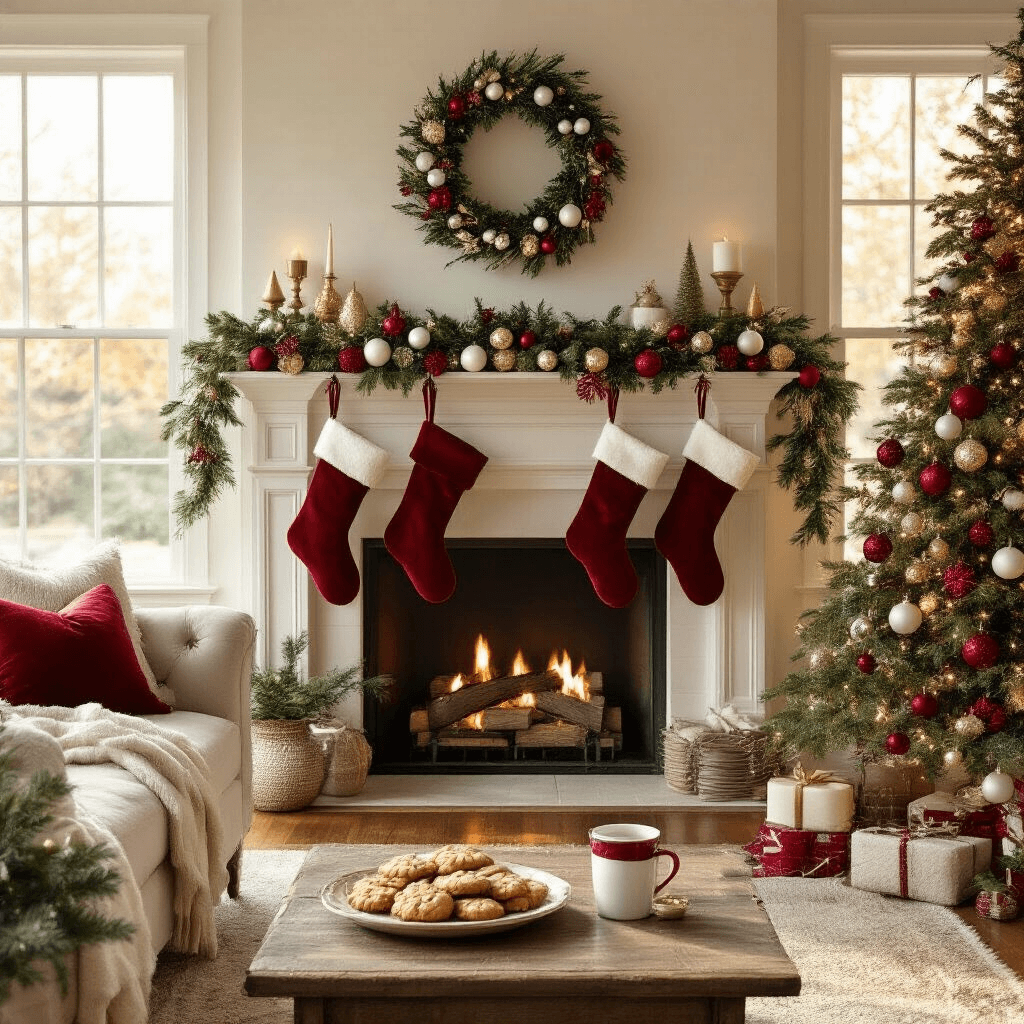 A cozy living room decorated for the holidays, featuring a DIY ornament garland on the fireplace mantel, plush velvet stockings, a beautifully decorated Christmas tree, and a plate of cookies with a mug of cocoa on a rustic coffee table, all bathed in soft golden hour light.