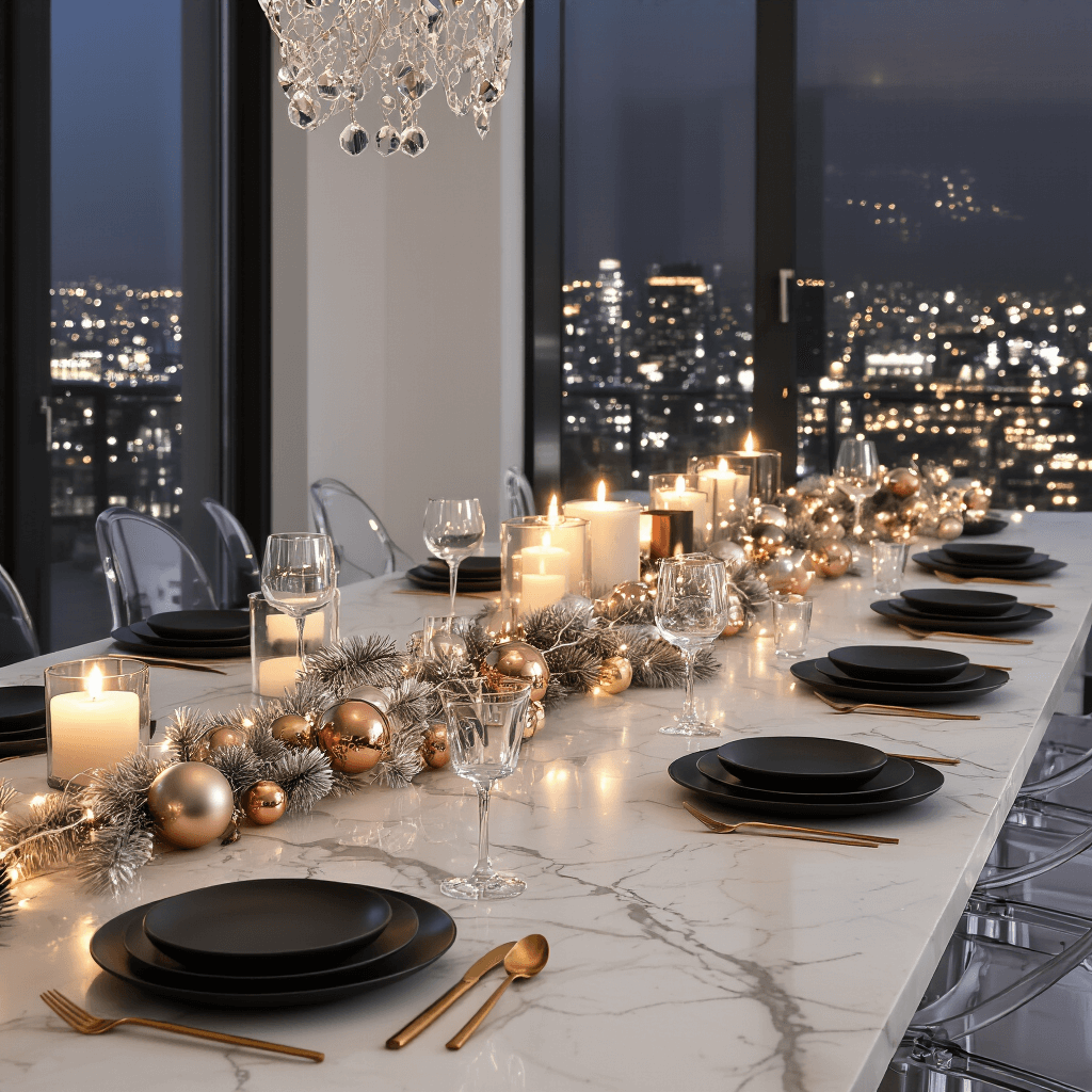 An elegant dinner party in a modern apartment, featuring a marble dining table adorned with a metallic ornament garland, matte black place settings, gold cutlery, and crystal wine glasses. The scene is illuminated by fairy lights and candles, with ghost chairs surrounding the table and a chandelier above, all set against a backdrop of a twinkling city skyline visible through floor-to-ceiling windows.