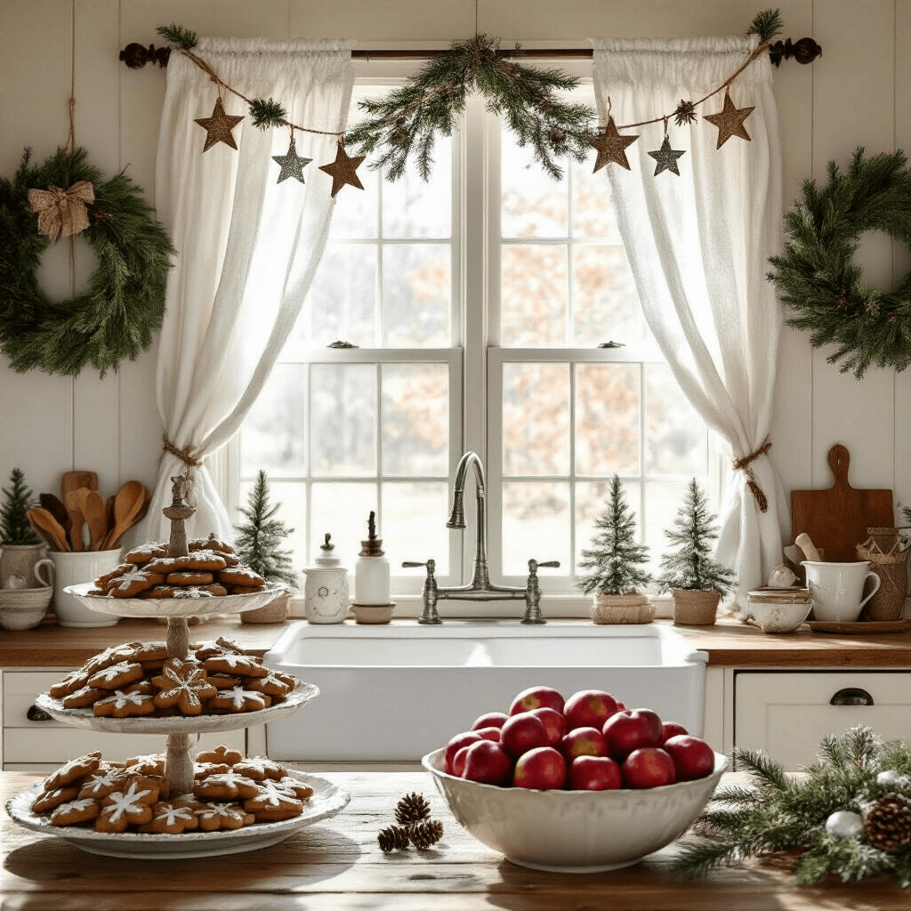 A cozy farmhouse kitchen decorated for the holidays, featuring a rustic ornament garland above the sink, white curtains, a pine wreath on the wall, a tiered cake stand with gingerbread cookies, and a bowl of red apples, all illuminated by warm winter sunlight.