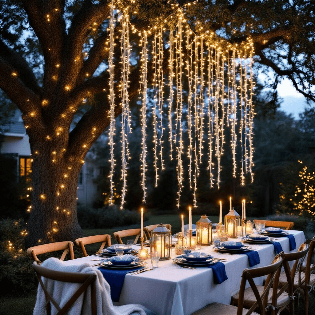 A stylish backyard holiday celebration at twilight, with warm white string lights, a cascading vertical ornament garland in ombré blue to silvery white from a large oak tree, a long farmhouse table set with white linens, navy plates, silver accents, and lanterns with flickering candles, creating an elegant winter wonder ambiance.