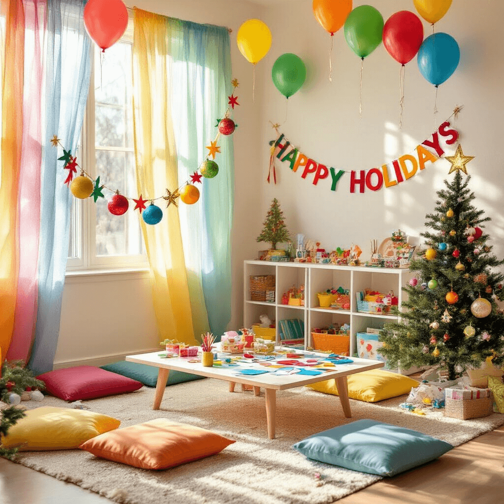 A cheerful holiday party in a colorful playroom, featuring a vibrant ornament garland, balloons, a crafting table with glitter and paper, a small decorated Christmas tree, and sunlight streaming through sheer curtains.