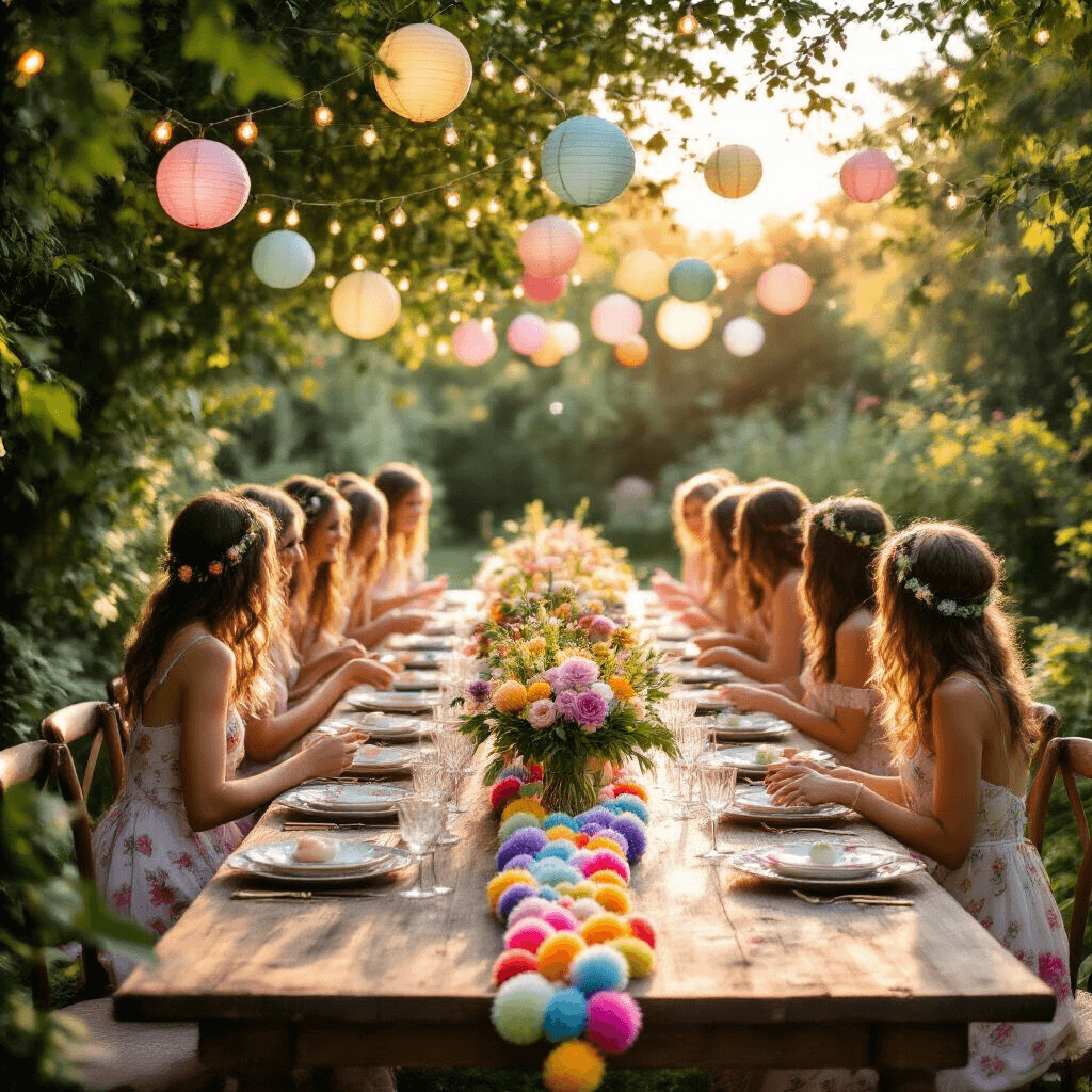 DIY Pom Pom Garland: The Ultimate Guide to Whimsical Event Styling A wide-angle view of a whimsical garden party at golden hour, featuring a rustic wooden table with a vibrant pom pom garland, mismatched vintage china, crystal goblets, and fresh flower centerpieces, all illuminated by soft sunlight and surrounded by twinkling fairy lights and pastel paper lanterns, with guests in summer dresses mingling and laughing in the warm evening air.