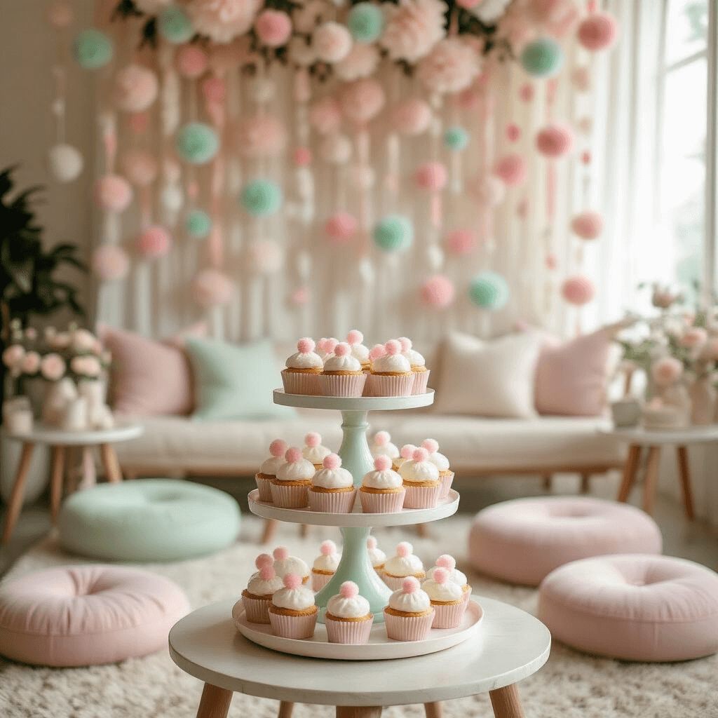 DIY Pom Pom Garland: The Ultimate Guide to Whimsical Event Styling An intimate baby shower setup with a tiered cake stand of delicate cupcakes adorned with miniature pom poms, surrounded by plush floor cushions and ombré pastel pom pom garlands, all illuminated by soft morning light.