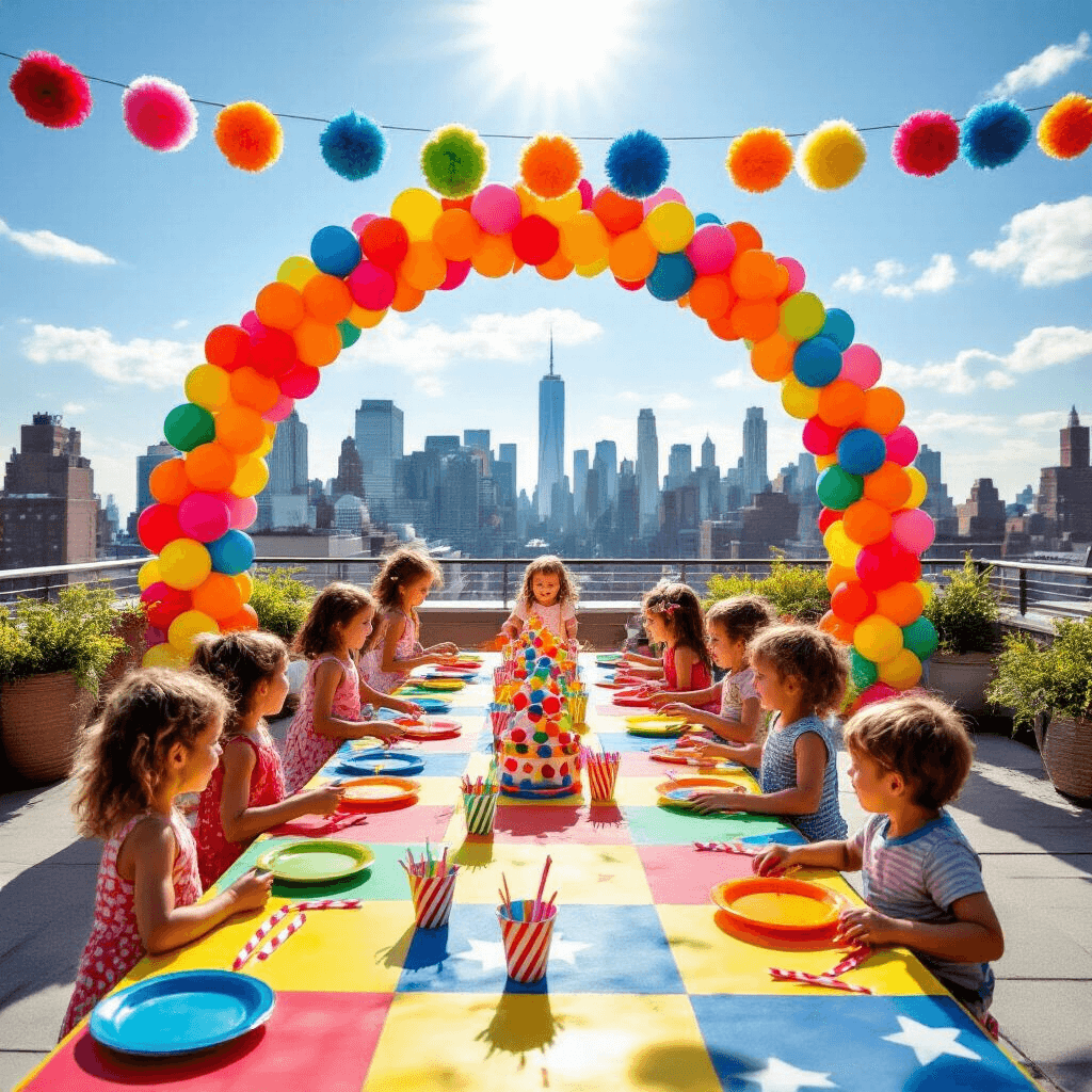 DIY Pom Pom Garland: The Ultimate Guide to Whimsical Event Styling A vibrant children's birthday party on a sun-drenched rooftop terrace, featuring a balloon arch, a colorful table setup, a pom pom garland, and kids playing on a giant painted Twister board in bright sunlight.