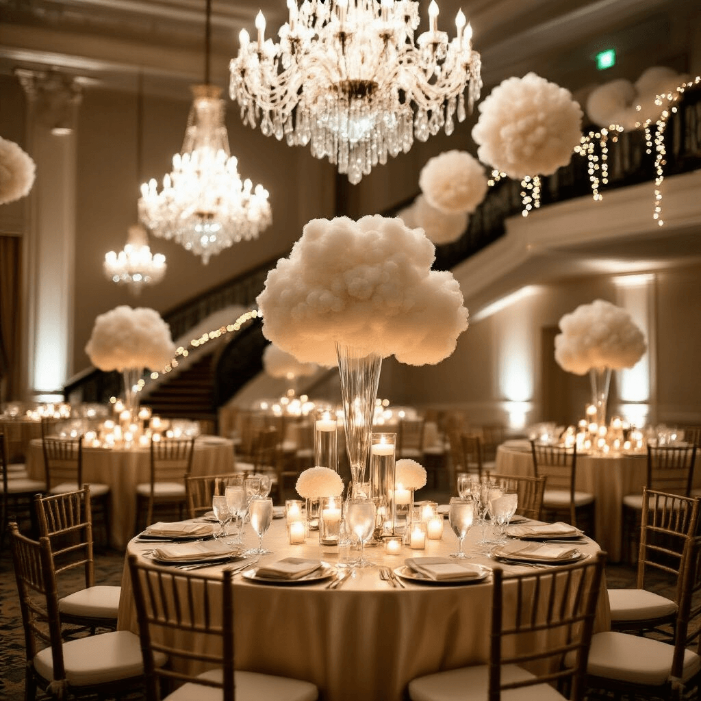 DIY Pom Pom Garland: The Ultimate Guide to Whimsical Event Styling An elegant evening wedding reception in a grand ballroom, featuring crystal chandeliers, round tables with champagne silk linens, tall glass vases with floating candles and white pom pom centerpieces, a grand staircase decorated with cascading white pom pom garlands and fairy lights, all illuminated by warm candlelight, creating a soft, ethereal atmosphere.